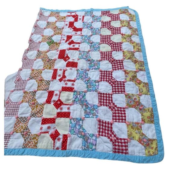 Vintage patchwork with Pom Pom baby blanket 35”X 52” - Picture 2 of 9